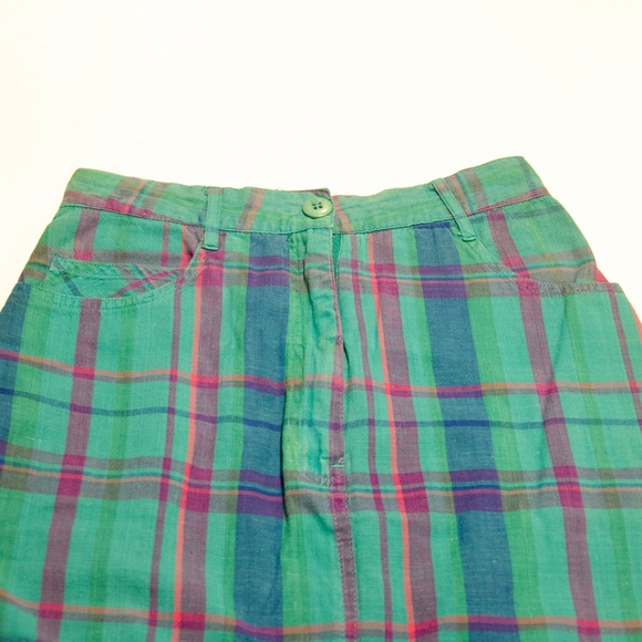 Vintage 1990's blue green teal magenta high waisted plaid mini skirt - Picture 2 of 8